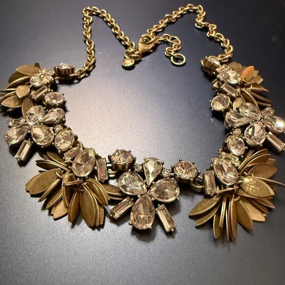 J Crew  Clear Crystal Bouquet Cluster Gold Leaf Necklace - Picture 6 of 8